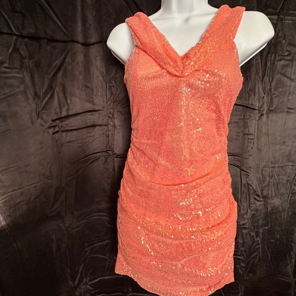Molicuty, sleeveless tangerine lined dress with matching sequins, size S